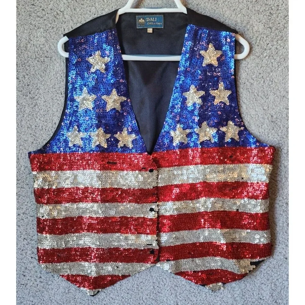 Bali Collection Unisex Snap Button Vest Sequin USA Flag Patriotic Star Stripes L